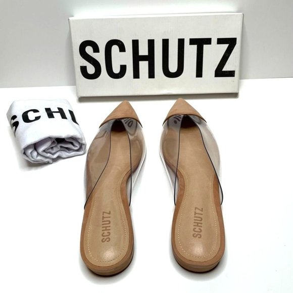 COPY - NIB SCHUTZ CLEARLY LEATHER FLAT BEIGE POINTY SLIP ON / FLAT MULE SHOES  … - Picture 2 of 10